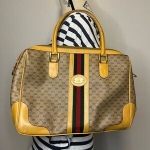 Vintage Gucci Micro GG Sherry Line Boston Bag - Rare Mustard Trim- Crest Charm-